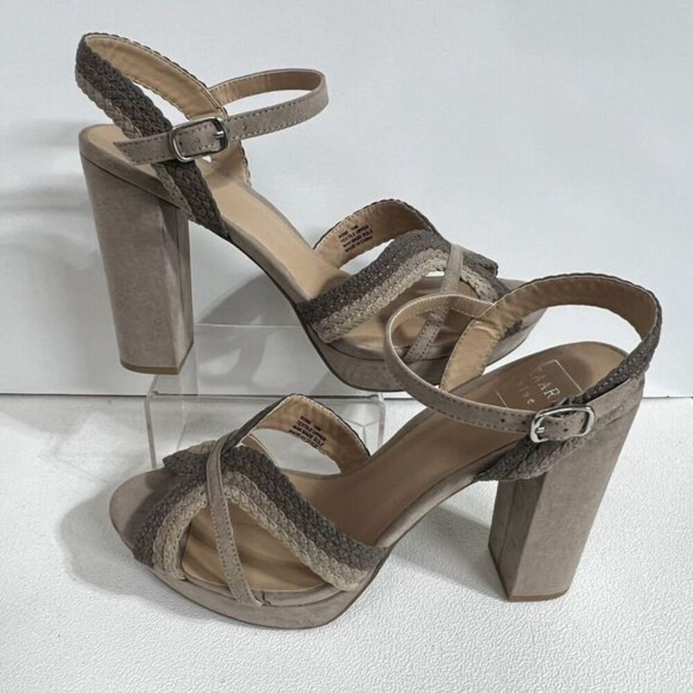 Kaari Blue Block Heels Taupe Rose 10‎ Medium Sandal Platform Jute Strap Suede